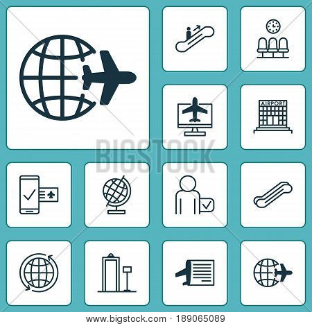 Travel Icons Set. Collection Of Security Scanner, Timetable, World And Other Elements. Also Includes Symbols Such As Reservation, Escalator, Globetrotter.