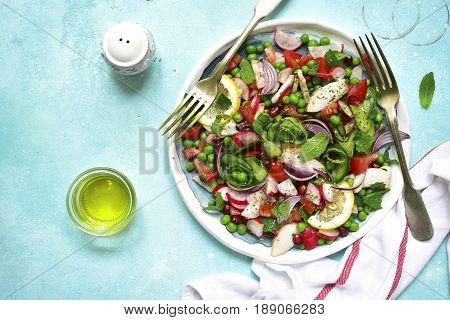 Summer Colorful Vegetable Salad With Chicken And Mint.top View.