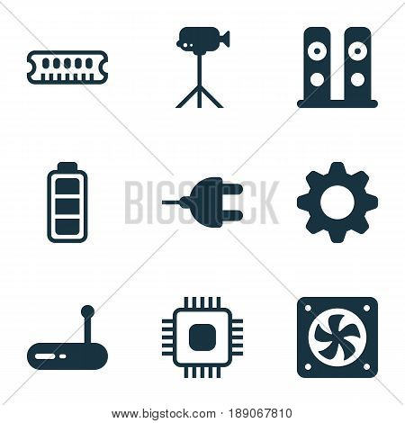 Hardware Icons Set. Collection Of Computer Ventilation, Camcorder, Loudspeakers And Other Elements. Also Includes Symbols Such As Wifi, Dynamic, Connector.