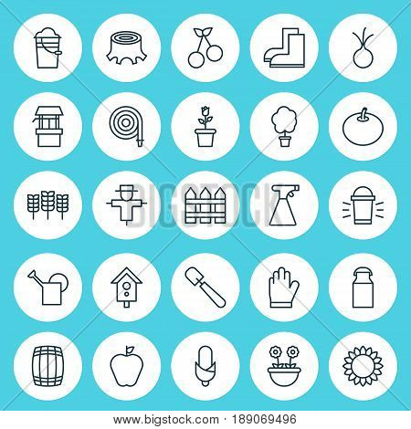 Garden Icons Set. Collection Of Barrier, Bucket, Bugbear And Other Elements. Also Includes Symbols Such As Floret, Can, Fruit.