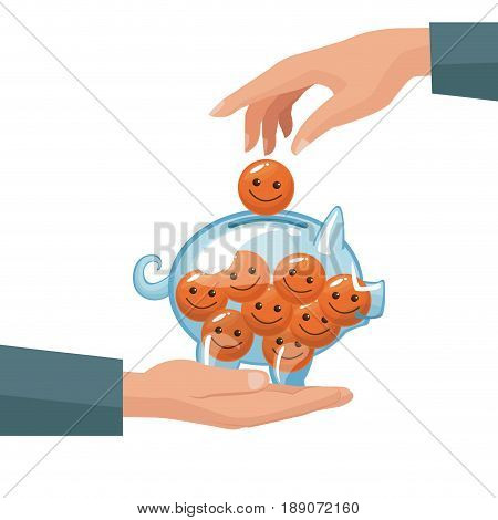 pair human hands depositing coin in the form of happy face in a money piggy bank vector illustration