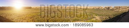 ruins of fortress Koi Krylgan Kala("Fortress of the died sheep") (the 4-3rd century BC) - ancient Khorezm in the Kyzylkum desert in Uzbekistan. Panorama