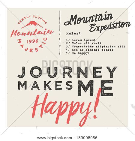 Journey makes me happy! Retro invitation card template, event / travel / journey poster / flyer template with place for texts, retro logo and lettering.