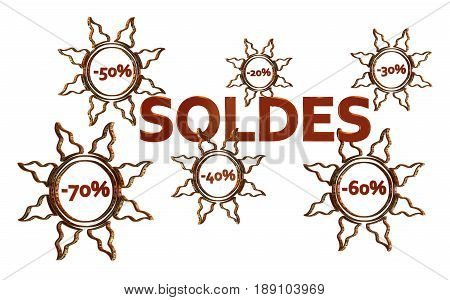 Logo Soldes Rouge avec réductions dans des soleils dorés sur fond blanc