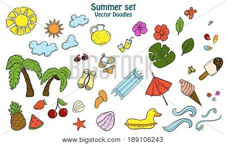 Summer set with different items. Doodle hand draw. For icons backgrounds and textille.