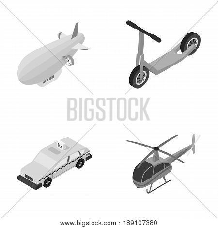 A dirigible, a children s scooter, a taxi, a helicopter.Transport set collection icons in monochrome style vector symbol stock illustration .