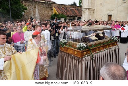 ZAGREB, CROATIA - APRIL 16: Arrival of the body of St. Leopold Mandic in Zagreb Cathedral, Croatia on April 16, 2016.