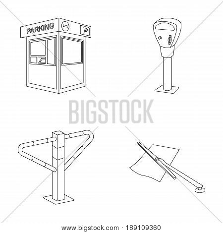 A parking lot, a parking meter, a check for services, a barrier. Parking zone set collection icons in outline style vector symbol stock illustration .