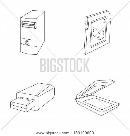 A system unit, a flash drive, a scanner and a SD card. Personal computer set collection icons in outline style vector symbol stock illustration .