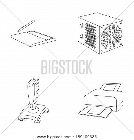 Power unit, dzhostik and other equipment. Personal computer set collection icons in outline style vector symbol stock illustration .