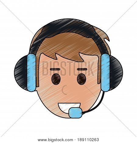 color pencil cartoon front view face male costumer service with handset vector illustration