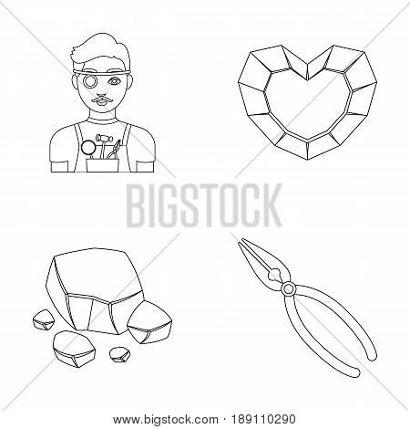 Jeweler, pliers, gold ore, garnet in the form of heart. Precious minerals and jeweler set collection icons in outline style vector symbol stock illustration .
