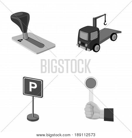 Transmission handle, tow truck, parking sign, stop signal. Parking zone set collection icons in monochrome style vector symbol stock illustration .