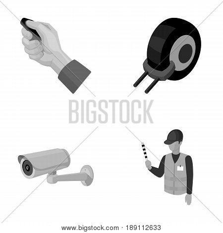 Car alarm, wheel rim, security camera, parking assistant. Parking zone set collection icons in monochrome style vector symbol stock illustration .