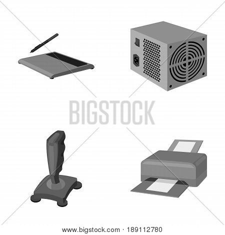 Power unit, dzhostik and other equipment. Personal computer set collection icons in monochrome style vector symbol stock illustration .