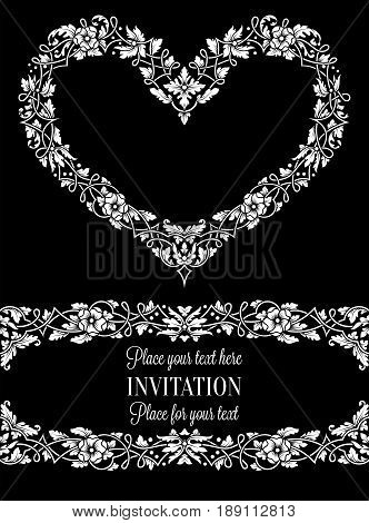 Floral Invitation Card With Antique, Luxury Black And White Vintage Frame And Big Ornamental Heart,v