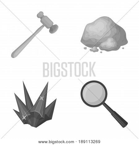 A jeweler s hammer, a magnifier, a copper ore, a crystal. Precious minerals and a jeweler set collection icons in monochrome style vector symbol stock illustration .