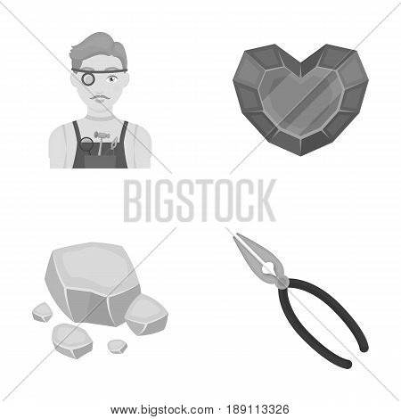 Jeweler, pliers, gold ore, garnet in the form of heart. Precious minerals and jeweler set collection icons in monochrome style vector symbol stock illustration .