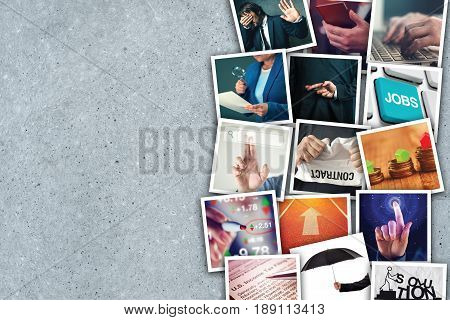 Business and entrepreneurship photo collage over gray concrete background