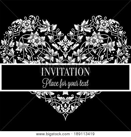 Floral Invitation Card With Antique, Luxury Black And White Vintage Frame And Big Ornamental Heart,v