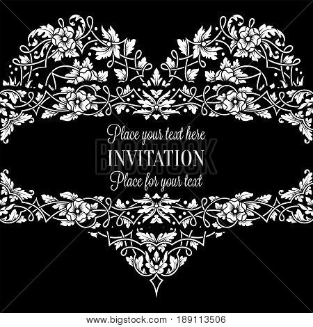 Floral Invitation Card With Antique, Luxury Black And White Vintage Frame And Big Ornamental Heart,v