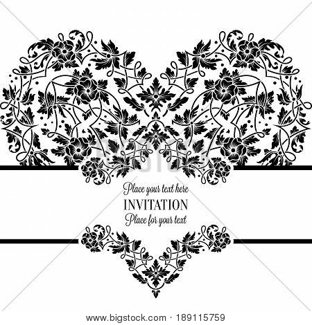 Floral Invitation Card With Antique, Luxury Black And White Vintage Frame And Big Ornamental Heart,v