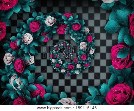 Alice in wonderland. Red  roses and white roses on  wonderland chess background. The Droste Effect 3D illustration