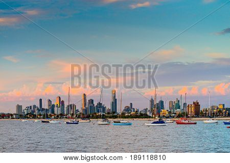 Melbourne city skyline viewed from St. Kilda beach Victoria Australia