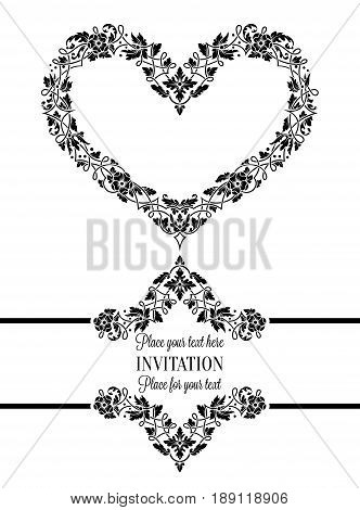 Floral Invitation Card With Antique, Luxury Black And White Vintage Frame And Big Ornamental Heart,v