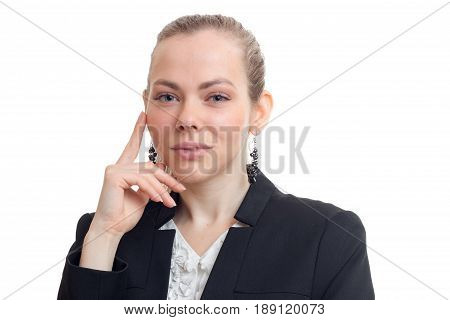 horizontal portrait of charming young business blondes isolated on white background