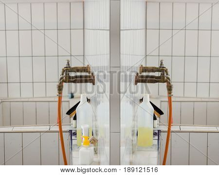 Close-up of two tiled wash basins in a laboratory