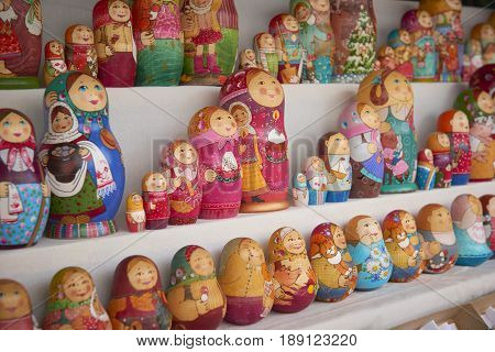 MOSCOW, MAY 26, 2017: Familyset Russian dolls matreshka at souvenir market shop. Traditional classic Russian handicraft hand made art background. Famous classical modern russian dolls matreshka toys