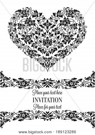 Floral Invitation Card With Antique, Luxury Black And White Vintage Frame And Big Ornamental Heart,v
