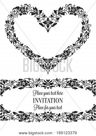Floral Invitation Card With Antique, Luxury Black And White Vintage Frame And Big Ornamental Heart,v