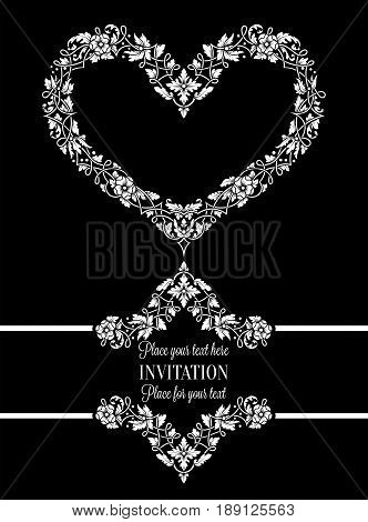 Floral Invitation Card With Antique, Luxury Black And White Vintage Frame And Big Ornamental Heart,v