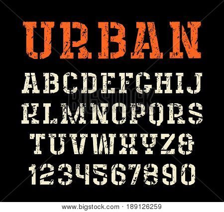 Stencil-plate serif font in urban style. Letters with shabby texture. Print on black background