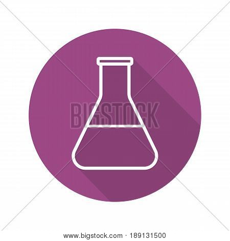 Lab beaker flat linear long shadow icon. Flask with liquid. Vector line symbol