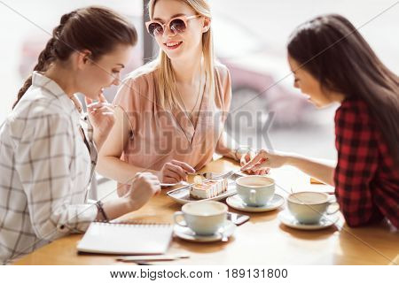 Young Girls Eating Cake And Drinking Coffee At Cafe, Coffee Break