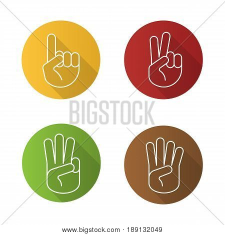 Hand gestures flat linear long shadow icons set. One, two, three and four fingers up. Vector line illustration