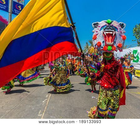 Barranquilla , Colombia  - February 26, 2017 : people participating at the parade of the carnival festival of  Barranquilla Atlantico Colombia