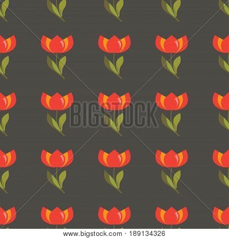 Floral seamless pattern with red tulips on a dark background