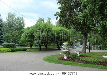 Vase decoration in the park, flowerbed, trees landscape