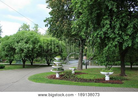 Vase decoration in the park, flowerbed, trees landscape