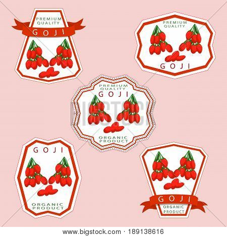 Vector illustration logo for whole ripe fruit red goji cut half sliced garnet berry background close-up. Goji drawing consisting of tag label natural sweet food. Eat fresh raw organic berries gojis.