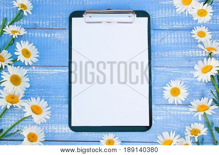 Tablet board and daisies on a blue wooden background