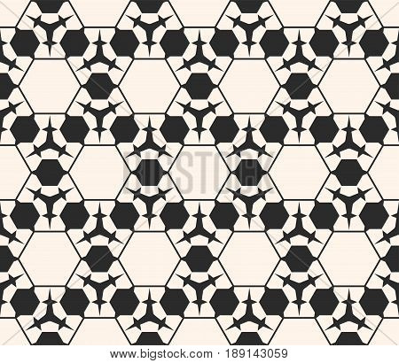 Vector monochrome seamless pattern. Abstract geometric background. Delicate linear texture, prickly figures triangles hexagons seamless pattern. Subtle hexagonal grid texture. Repeat design for prints background texture, digital seamless pattern, web.