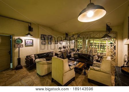 Luxury Sofa Seats In Modern Caffe Bar Or Hotel Reception