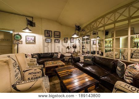 Luxury Sofa Seats In Modern Caffe Bar Or Hotel Reception