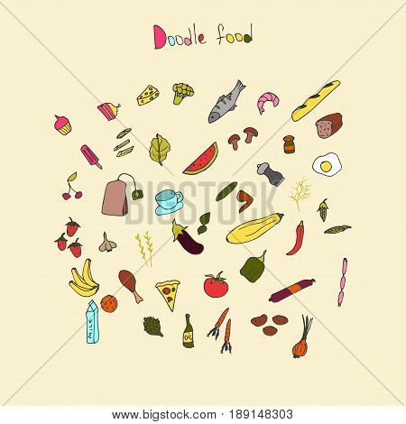 Food colorful doodle. Vector hand drawn illustration.