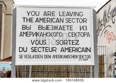 BERLIN GERMANY - APRIL 8: Information board at Berlin wall on April 8 2017 in Berlin
